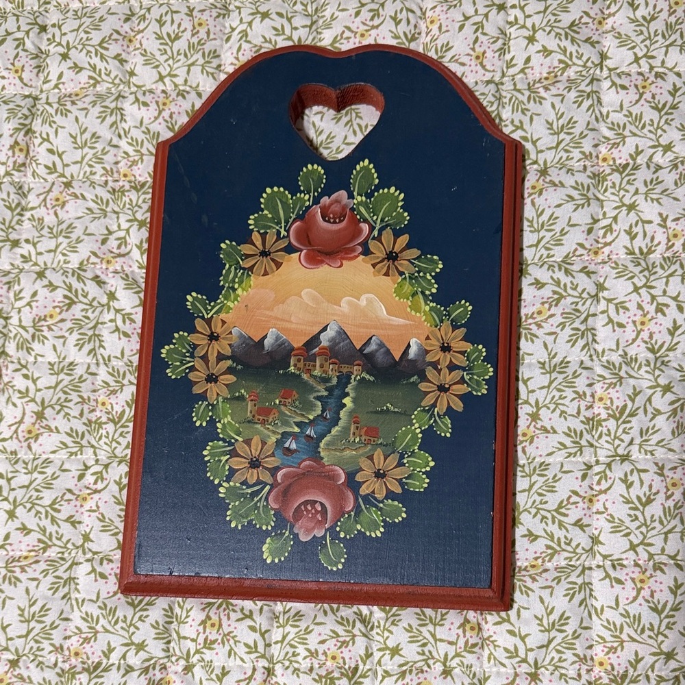 Vintage Hand Painted Floral Mountain Wall Decor with Heart Cutout